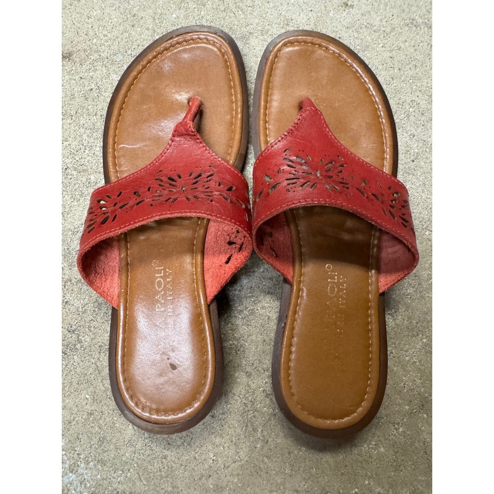 Mila Paoli Italy‎ Red Leather Laser Cut Floral Thong Slide Sandals Women 6.5-7